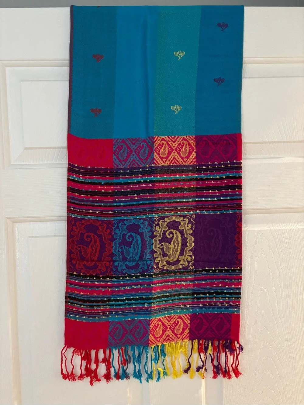 Gorgeous ethnic design pashmina scarf with tassels - large